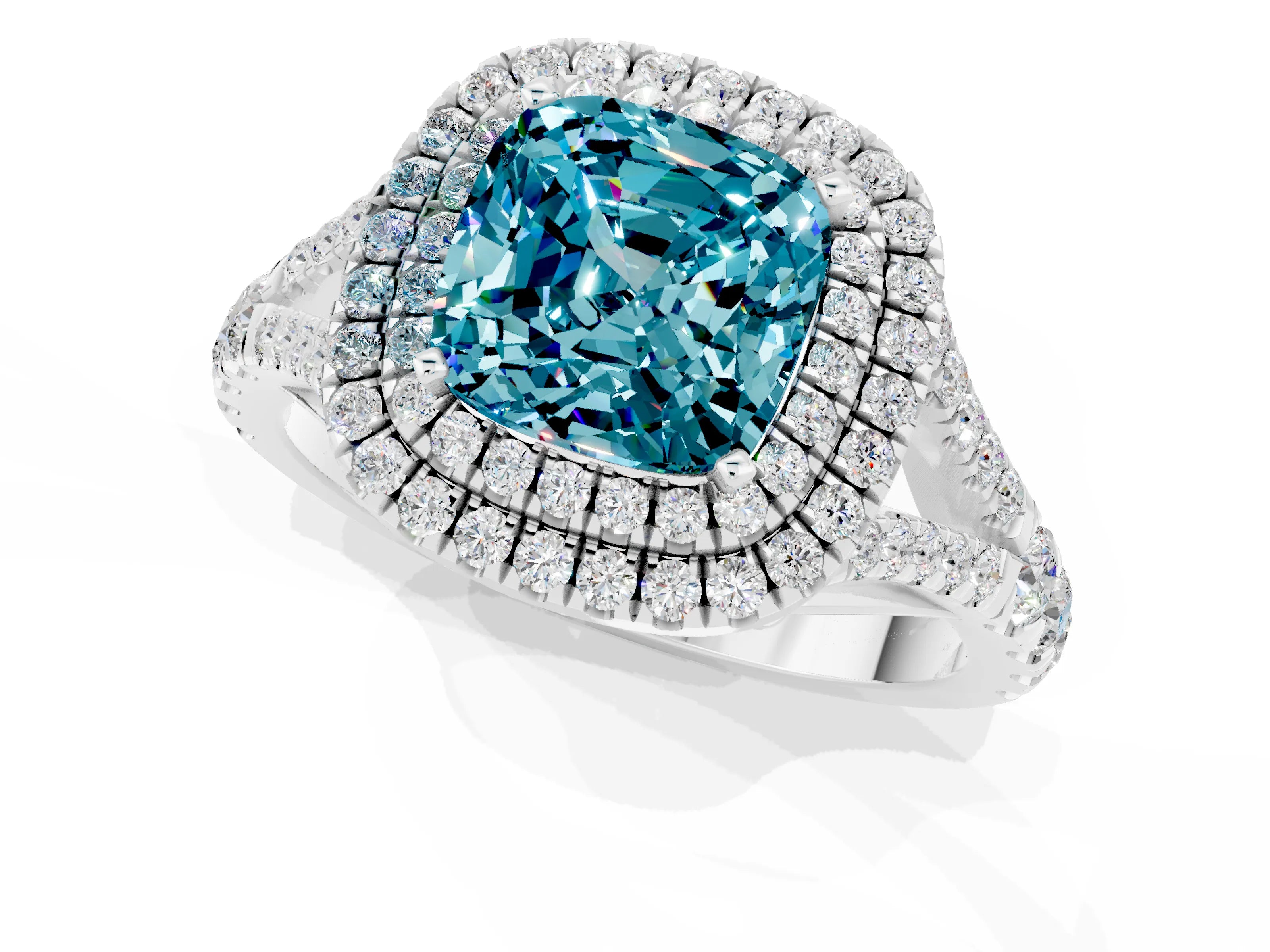 White gold Cushion Cut Blue Topaz Pavé Split Shank Double Halo Engagement Ring_1