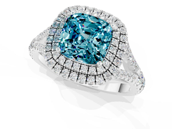 White gold Cushion Cut Blue Topaz Pavé Split Shank Double Halo Engagement Ring