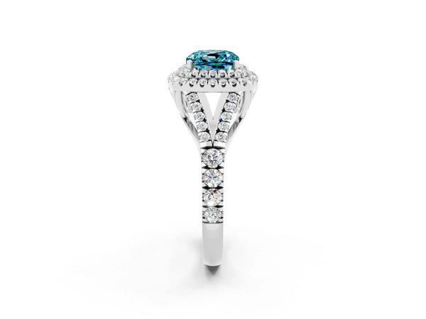 White gold Cushion Cut Blue Topaz Pavé Split Shank Double Halo Engagement Ring