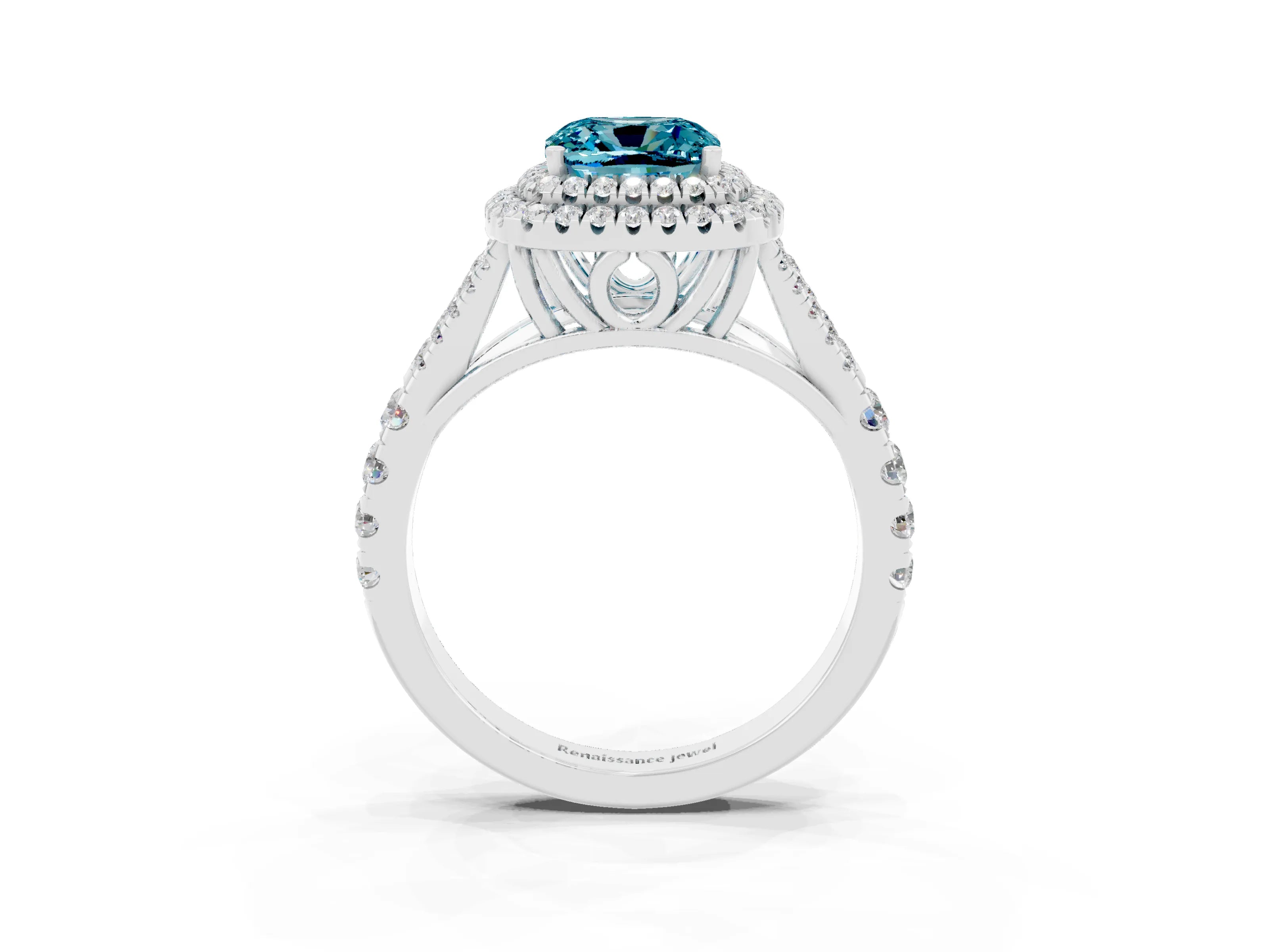 White gold Cushion Cut Blue Topaz Pavé Split Shank Double Halo Engagement Ring_3