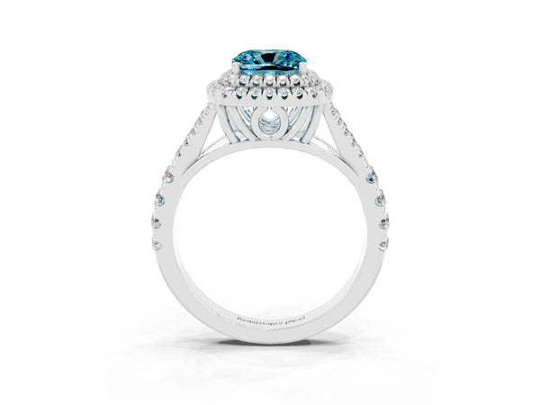 White gold Cushion Cut Blue Topaz Pavé Split Shank Double Halo Engagement Ring