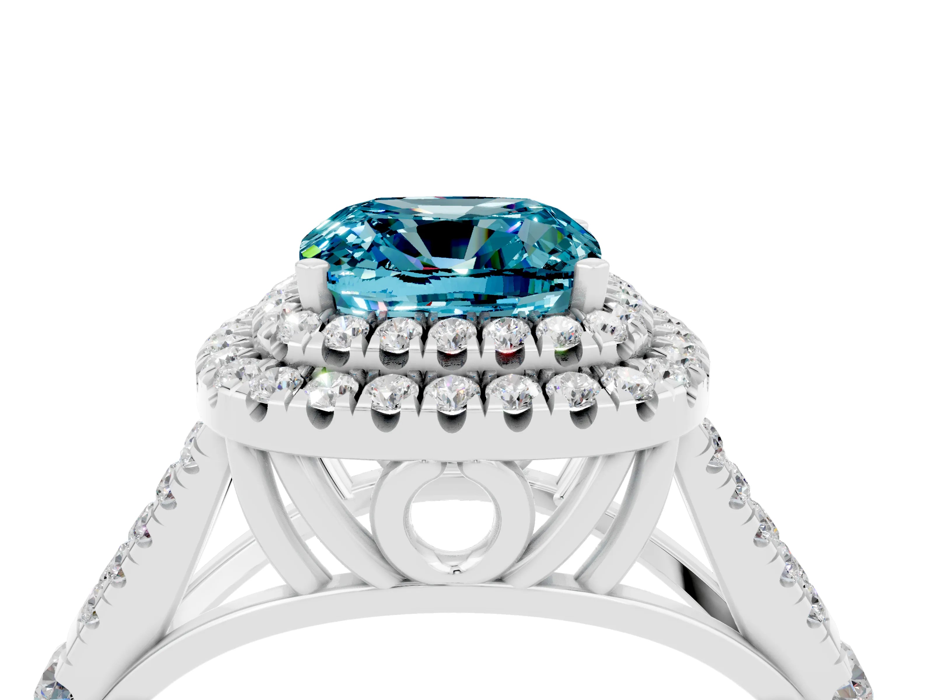 White gold Cushion Cut Blue Topaz Pavé Split Shank Double Halo Engagement Ring_4