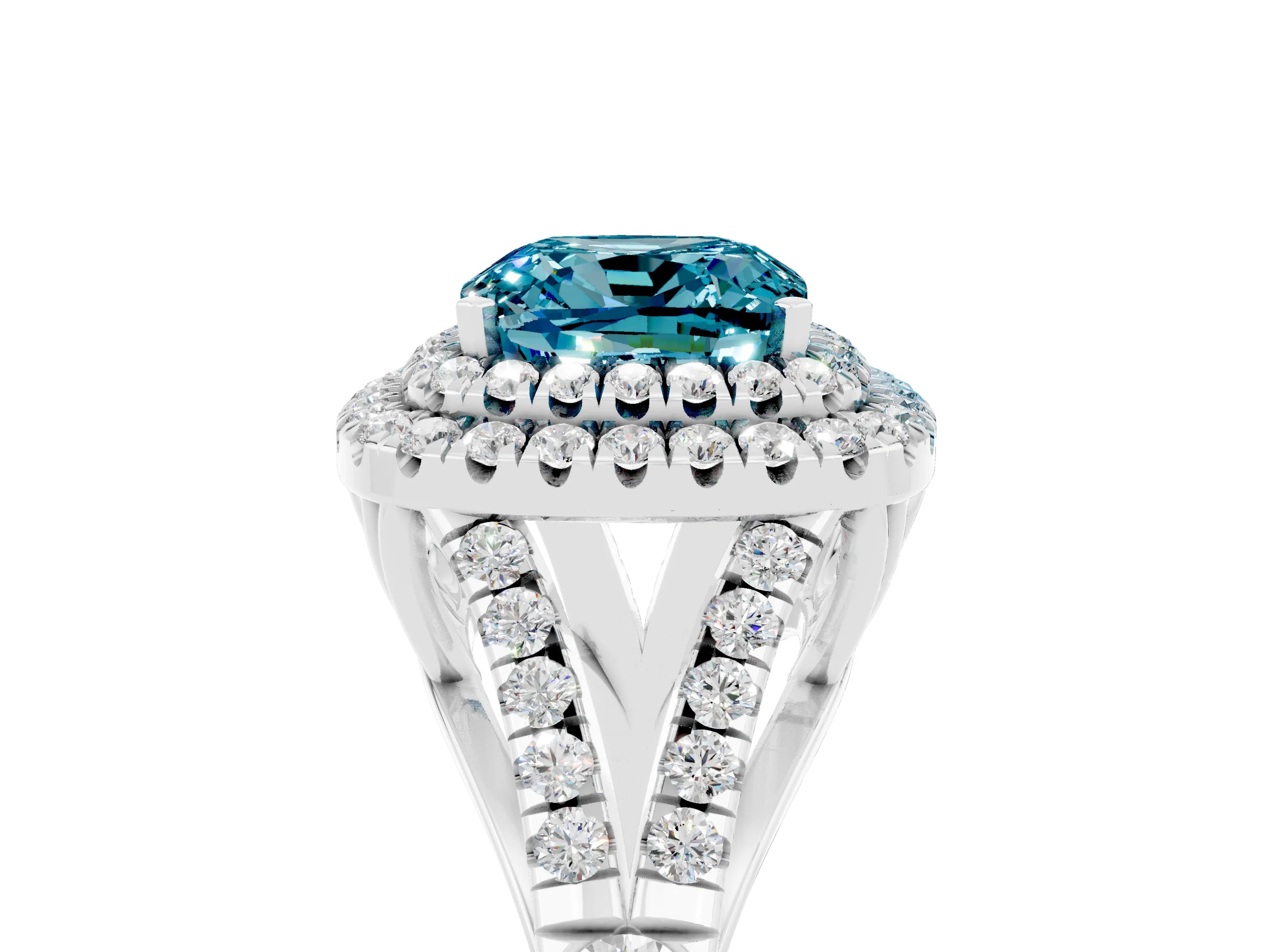 White gold Cushion Cut Blue Topaz Pavé Split Shank Double Halo Engagement Ring_5
