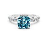 White gold Cushion Cut Blue Topaz Pave Band Solitaire Ring with Four-Prong Setting_36