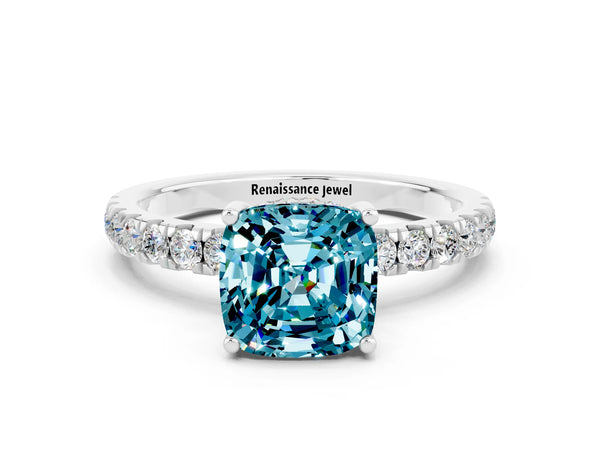 White gold Cushion Cut Blue Topaz Pave Band Solitaire Ring with Round  and Prong Setting