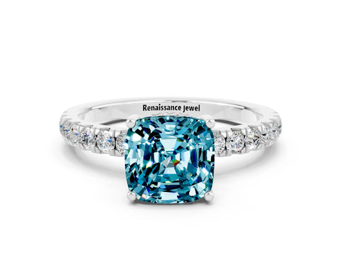 White gold Cushion Cut Blue Topaz Pave Band Solitaire Ring with Four-Prong Setting_36