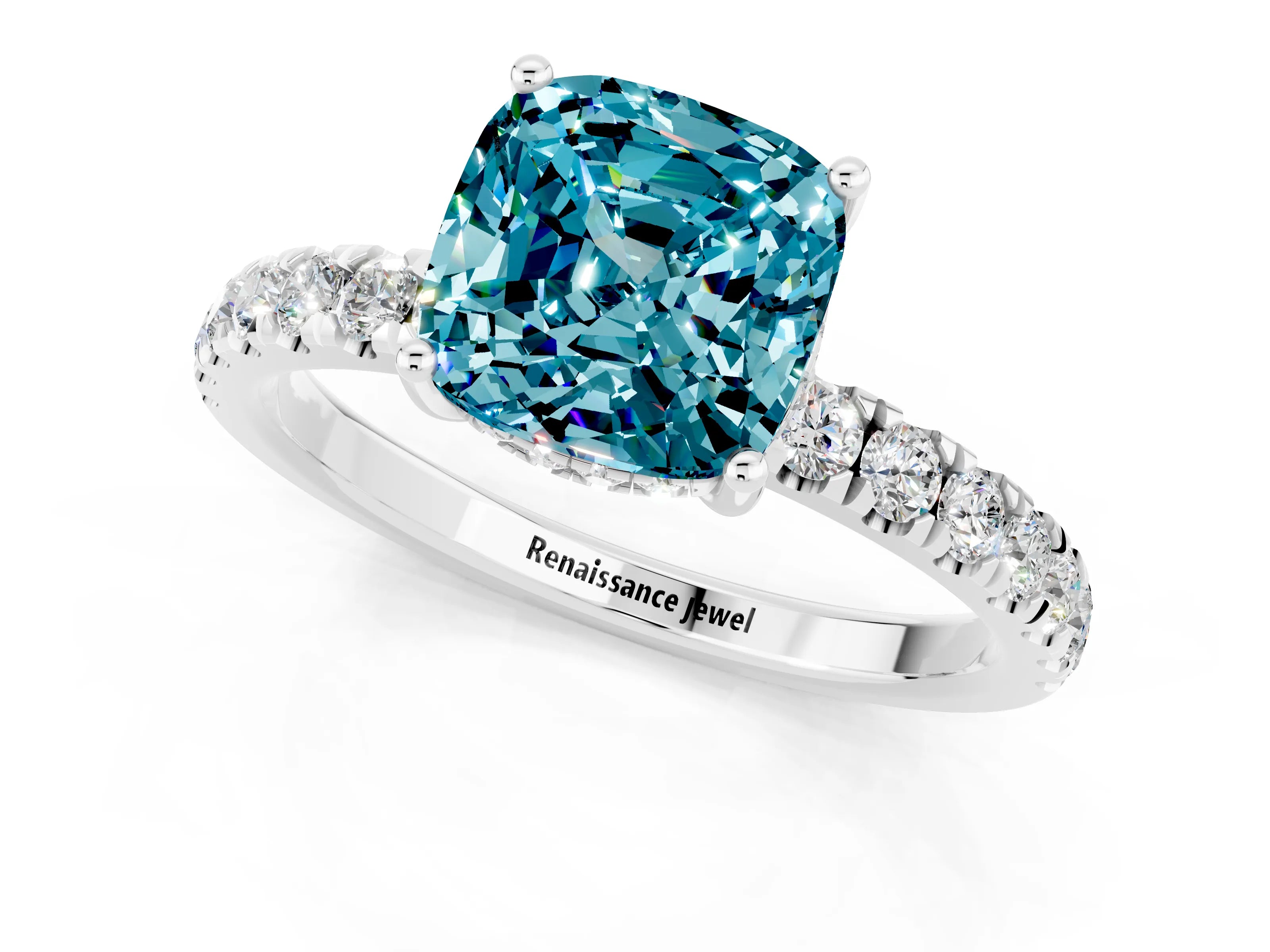 White gold Cushion Cut Blue Topaz Pave Band Solitaire Ring with Four-Prong Setting_37