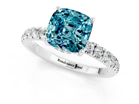 White gold Cushion Cut Blue Topaz Pave Band Solitaire Ring with Four-Prong Setting_37