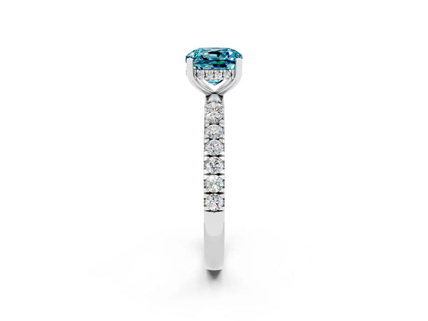 White gold Cushion Cut Blue Topaz Pave Band Solitaire Ring with Round  and Prong Setting