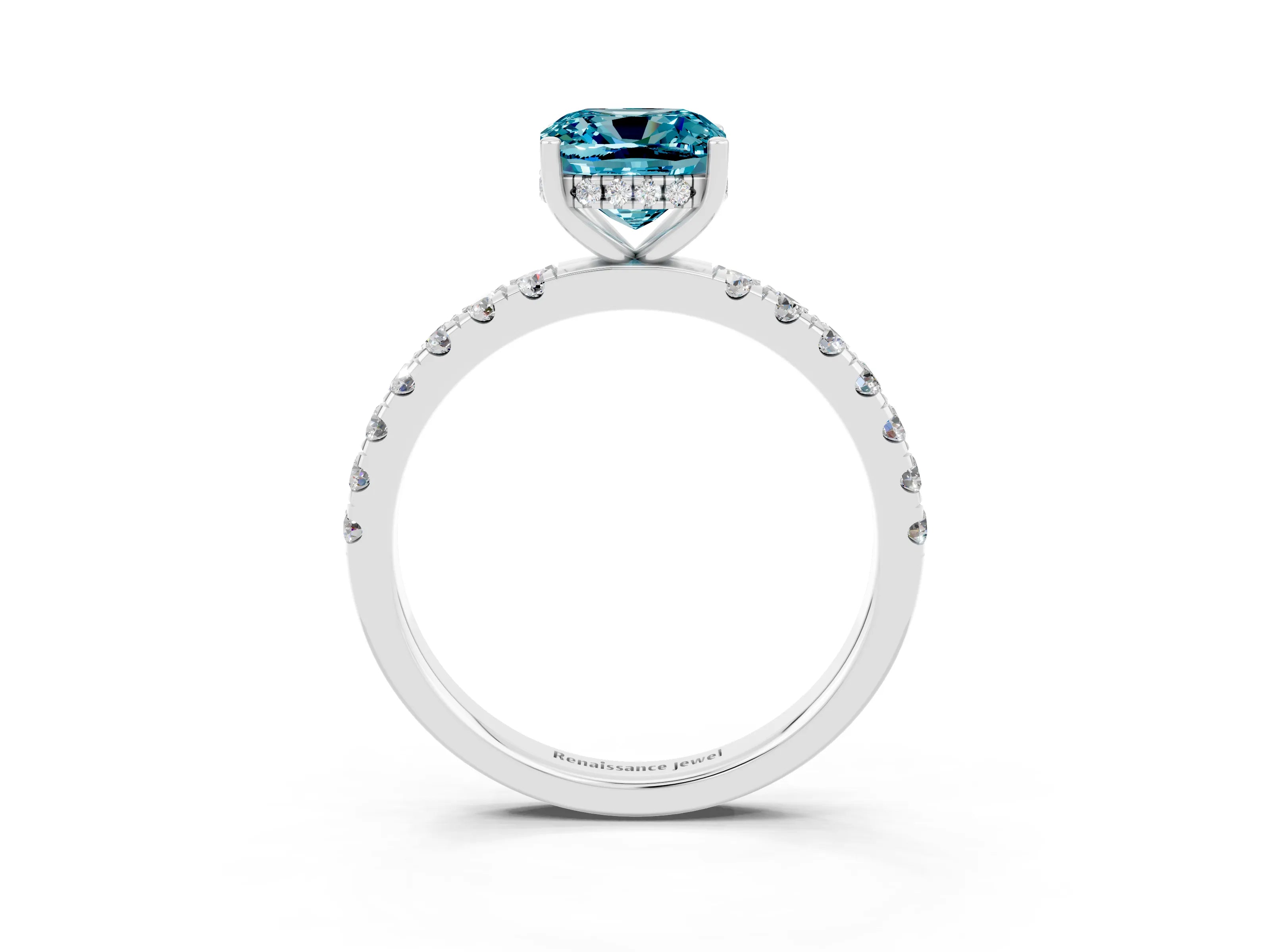 White gold Cushion Cut Blue Topaz Pave Band Solitaire Ring with Four-Prong Setting_39