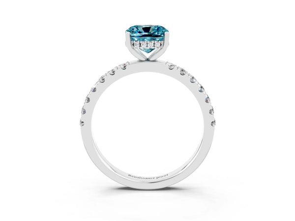 Platinum Cushion Cut Blue Topaz Pave Band Solitaire Ring with Round  and Prong Setting
