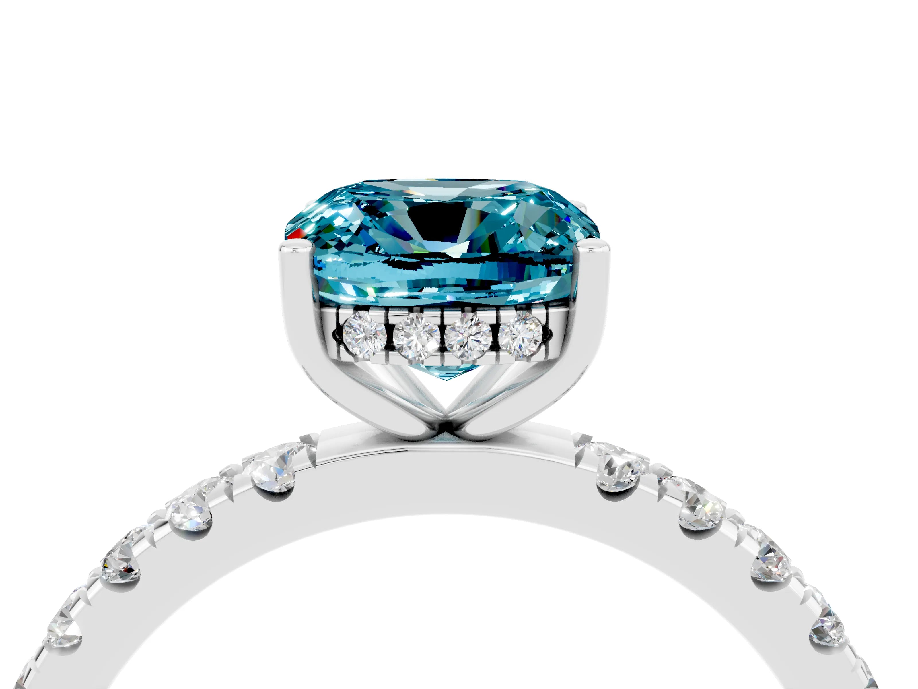 White gold Cushion Cut Blue Topaz Pave Band Solitaire Ring with Four-Prong Setting_40