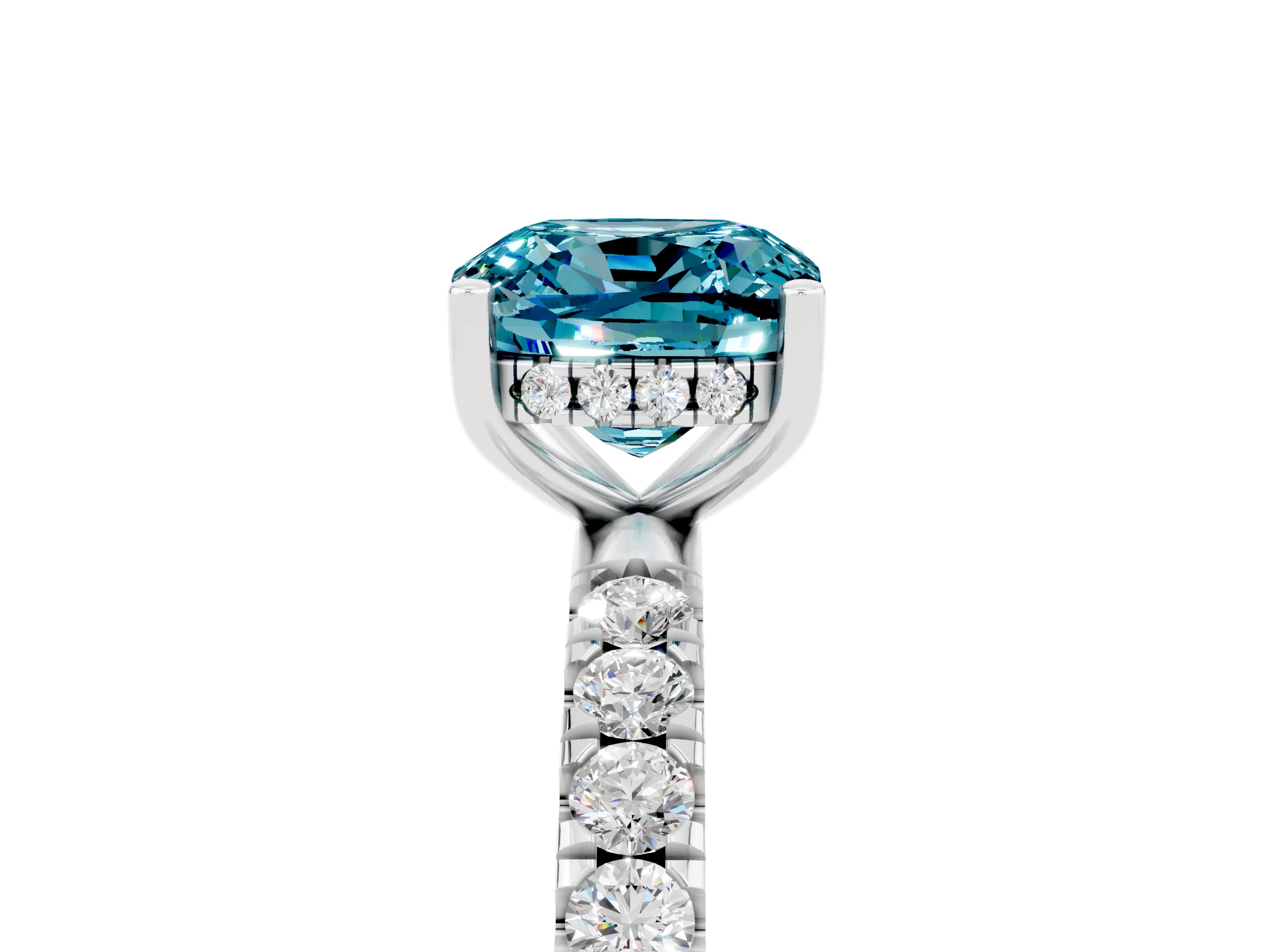 White gold Cushion Cut Blue Topaz Pave Band Solitaire Ring with Four-Prong Setting_41