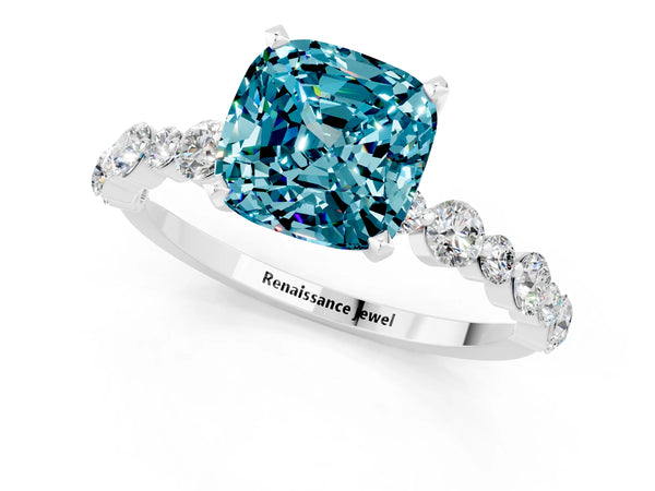 Platinum Cushion Cut Blue Topaz Prong Set Engagement Ring with Pavé Band