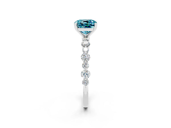 Platinum Cushion Cut Blue Topaz Prong Set Engagement Ring with Pavé Band