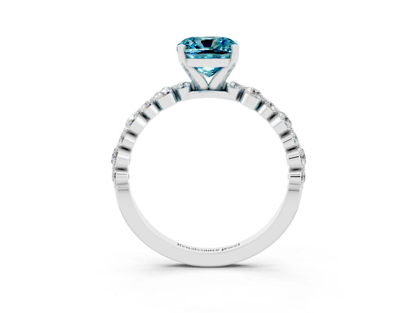Platinum Cushion Cut Blue Topaz Prong Set Engagement Ring with Pavé Band
