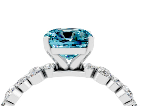 White gold Cushion Cut Blue Topaz Prong Set Engagement Ring with Pavé Band_4