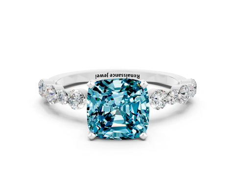 White gold Cushion Cut Blue Topaz Prong Set Engagement Ring with Pavé Band