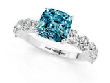 White gold Cushion Cut Blue Topaz Prong Setting with Side Stones on a Pave Band_1