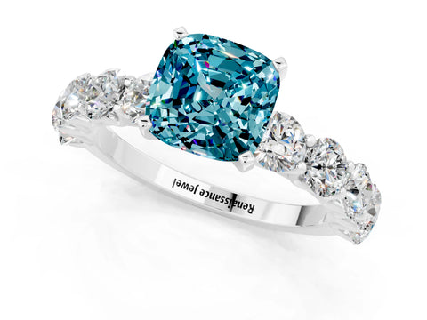 White gold Cushion Cut Blue Topaz Prong Setting with Side Stones on a Pave Band_1