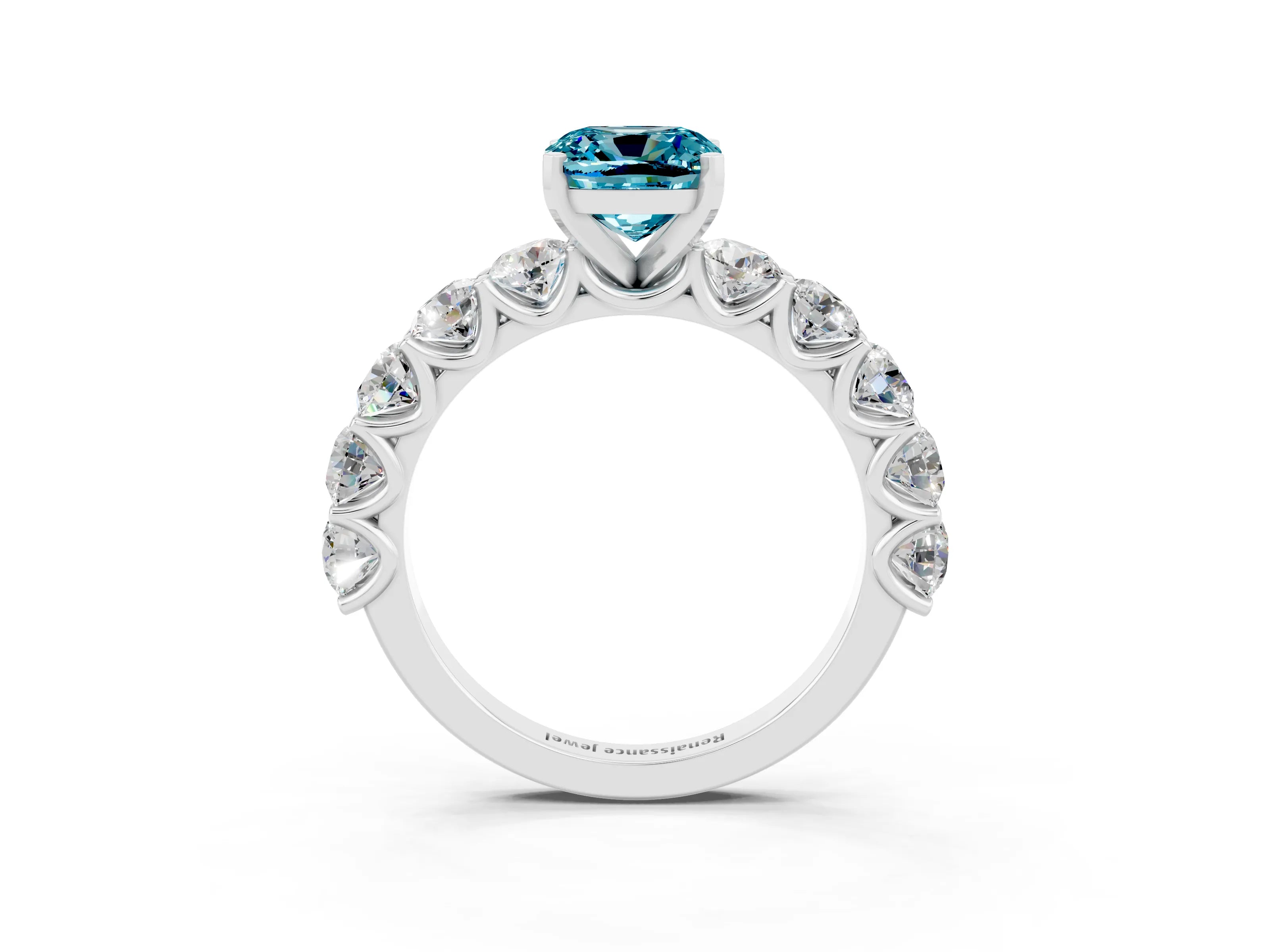 White gold Cushion Cut Blue Topaz Prong Setting with Side Stones on a Pave Band_3