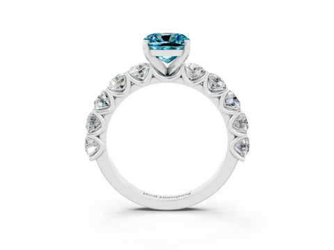 White gold Cushion Cut Blue Topaz Prong Setting with Side Stones on a Pave Band_3
