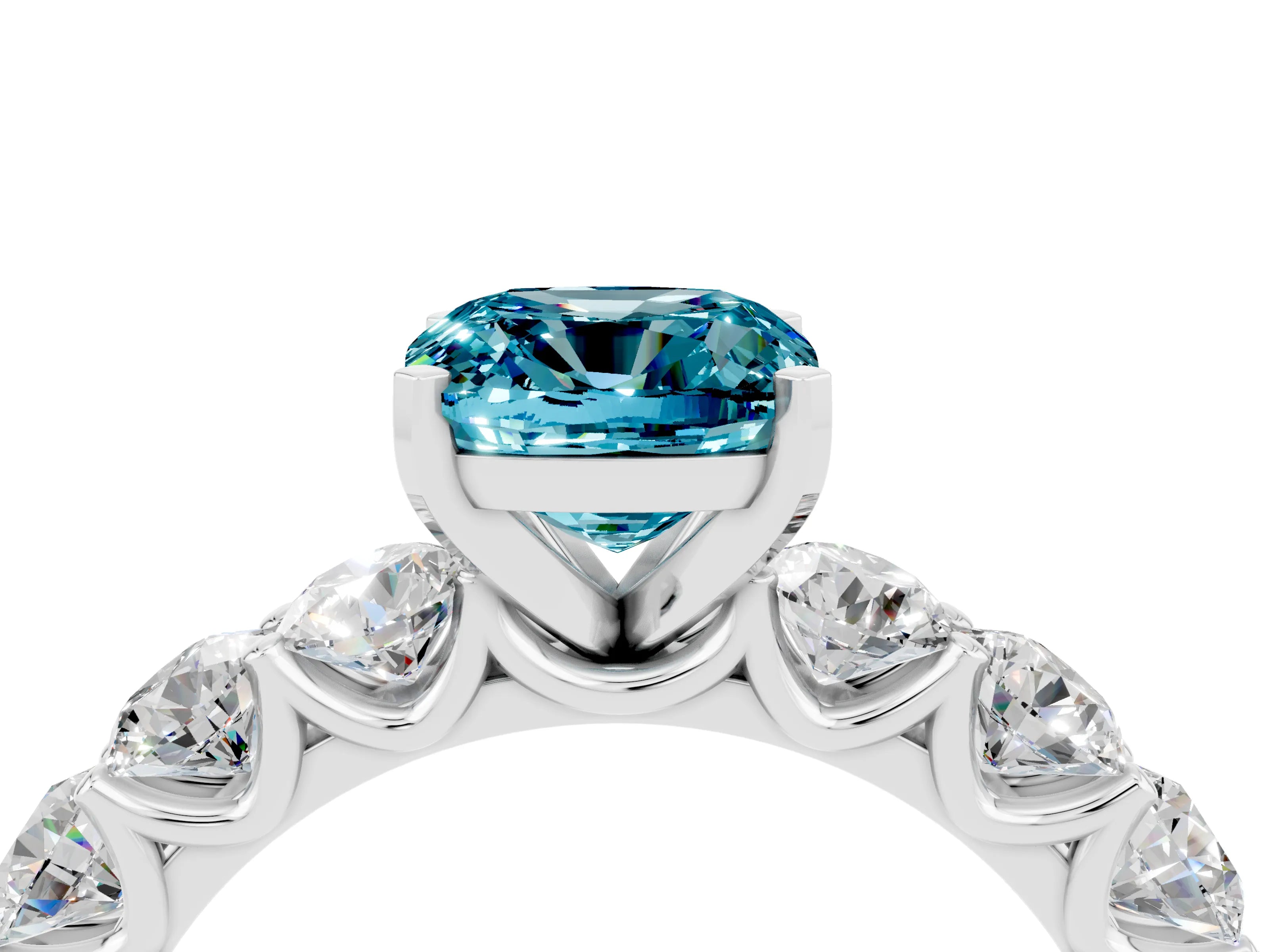 White gold Cushion Cut Blue Topaz Prong Setting with Side Stones on a Pave Band_4
