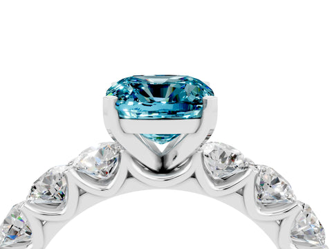 White gold Cushion Cut Blue Topaz Prong Setting with Side Stones on a Pave Band_4
