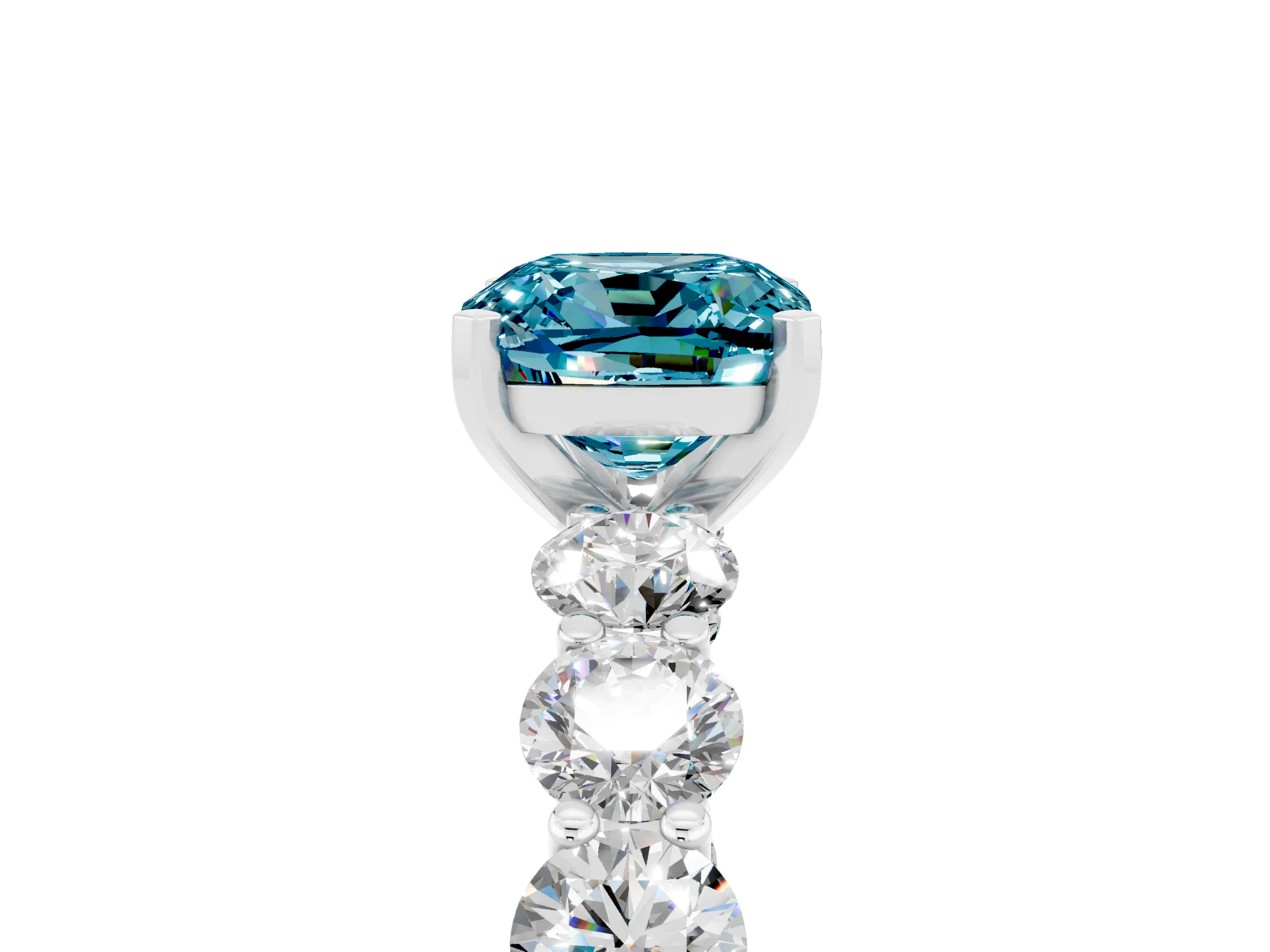 White gold Cushion Cut Blue Topaz Prong Setting with Side Stones on a Pave Band_5