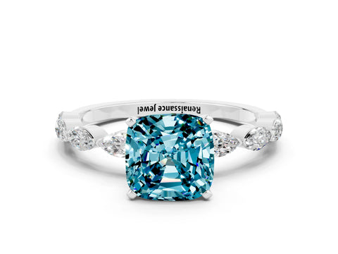 White gold Cushion Cut Blue Topaz Ring with Marquise Side Stones and Prong Setting