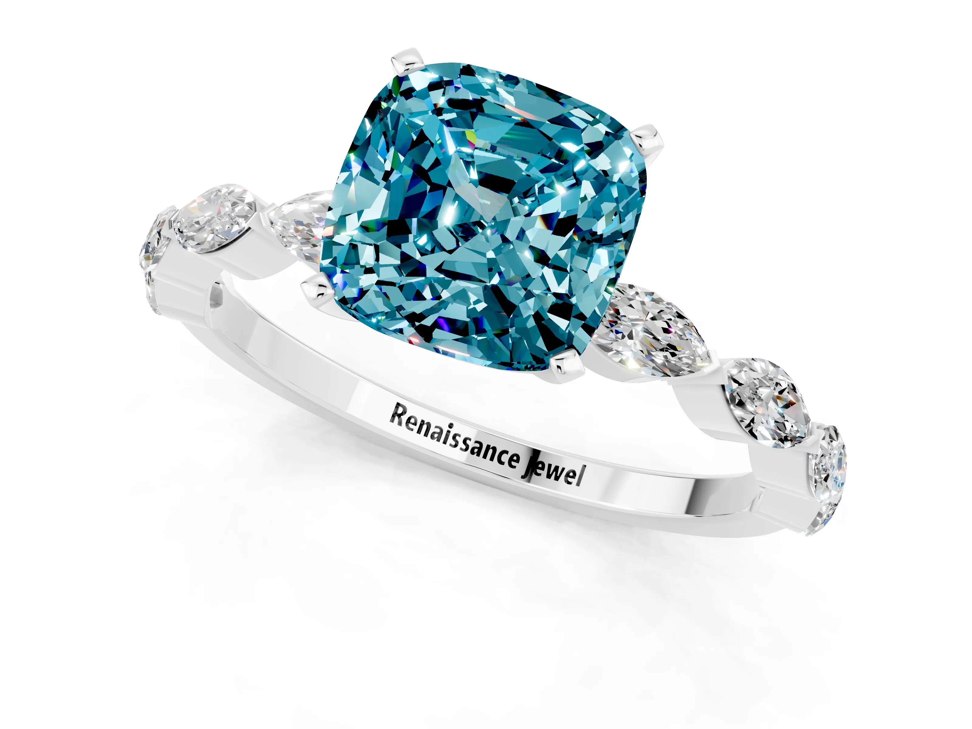 White gold Cushion Cut Blue Topaz Ring with Marquise Side Stones and Prong Setting_1
