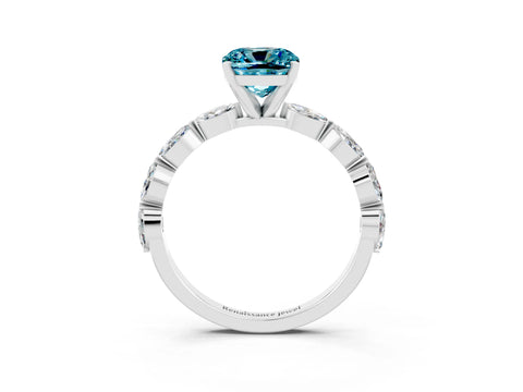 White gold Cushion Cut Blue Topaz Ring with Marquise Side Stones and Prong Setting_3