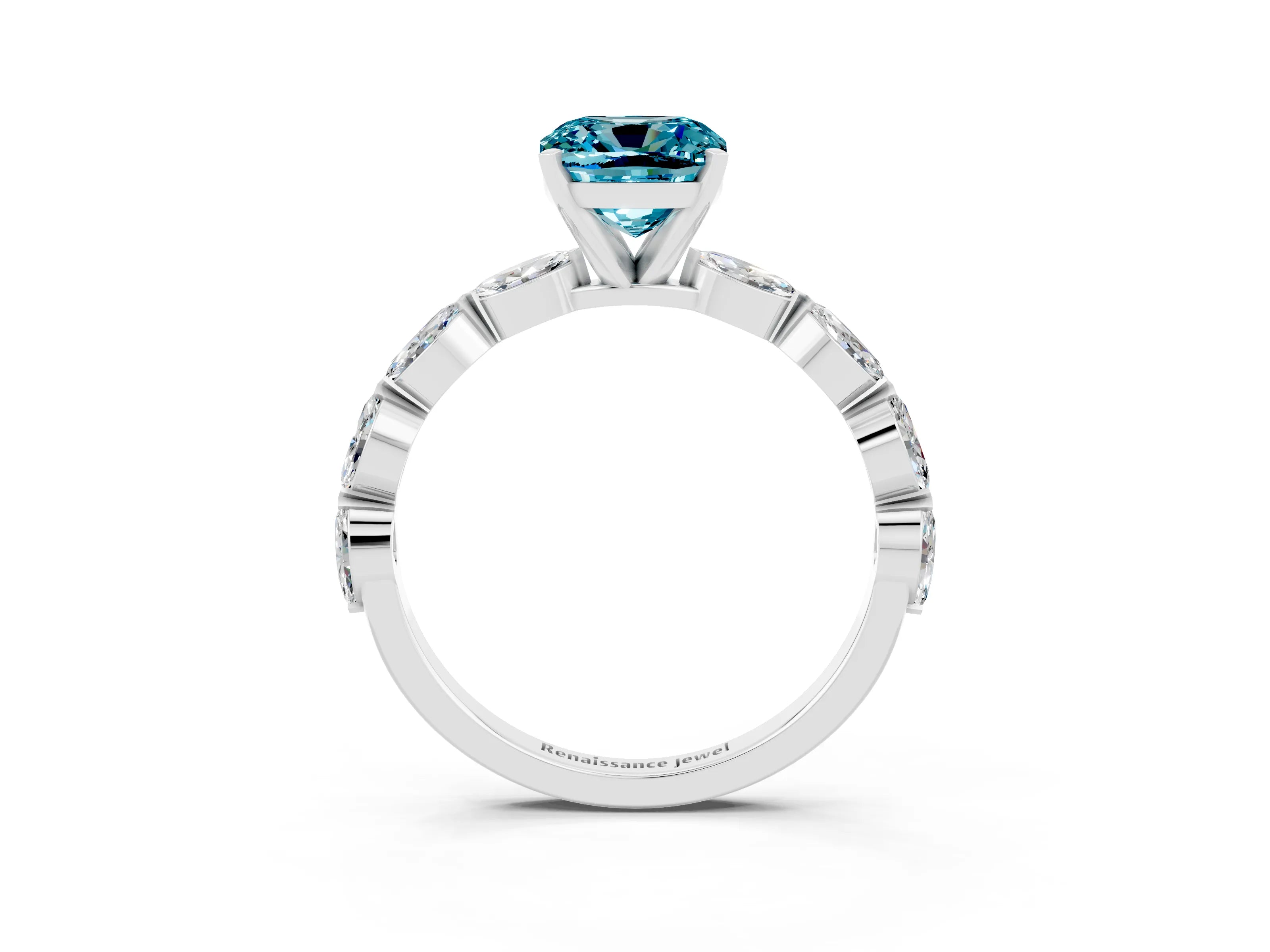 White gold Cushion Cut Blue Topaz Ring with Marquise Side Stones and Prong Setting_3