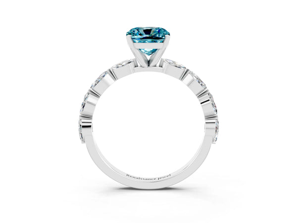 White gold Cushion Cut Blue Topaz Ring with Marquise Side Stones and Prong Setting