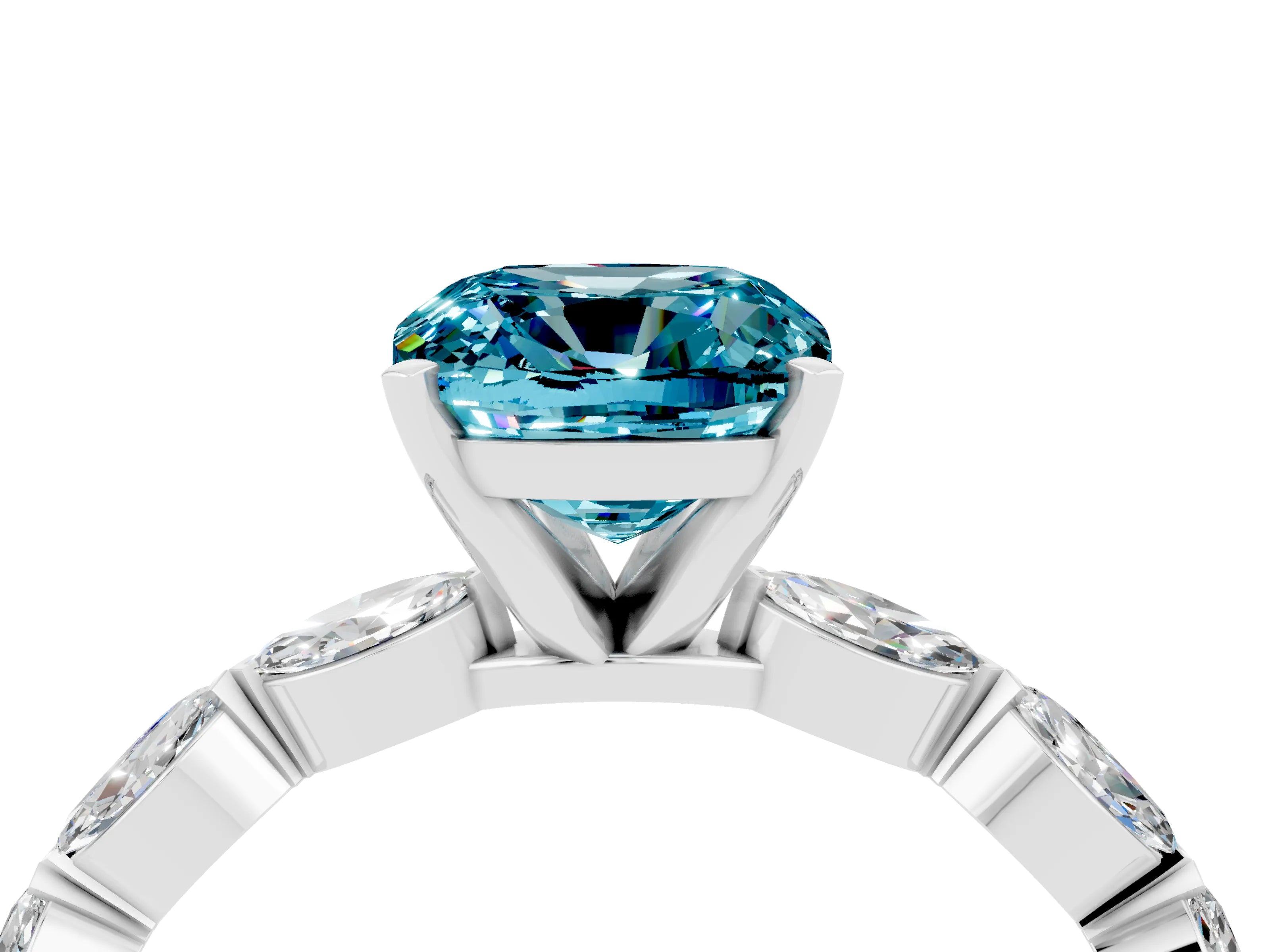 White gold Cushion Cut Blue Topaz Ring with Marquise Side Stones and Prong Setting_4
