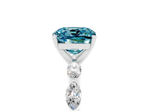 White gold Cushion Cut Blue Topaz Ring with Marquise Side Stones and Prong Setting_5