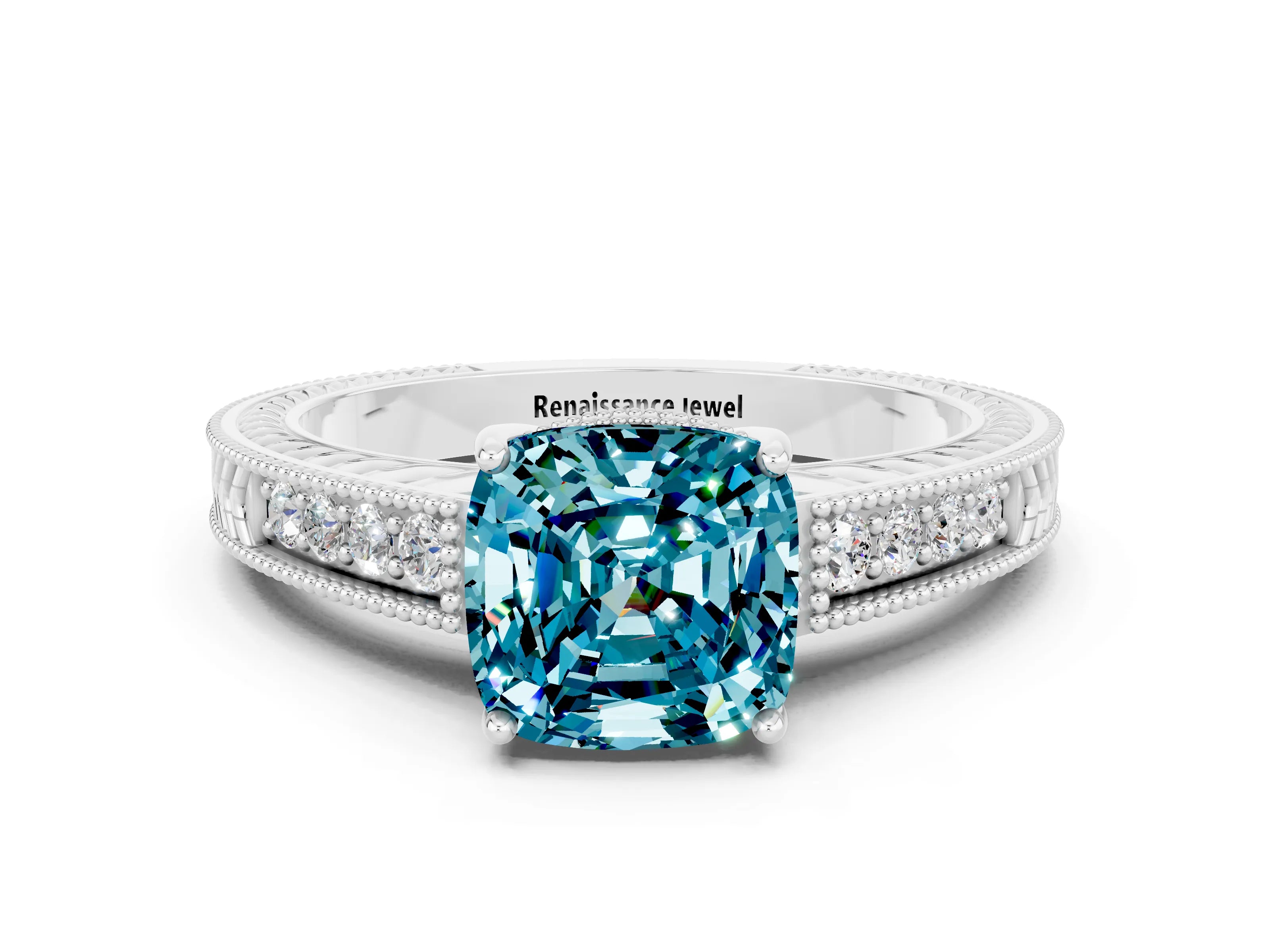 White gold Cushion Cut Blue Topaz Ring with Milgrain Pavé Band and Four-Prong Setting_12