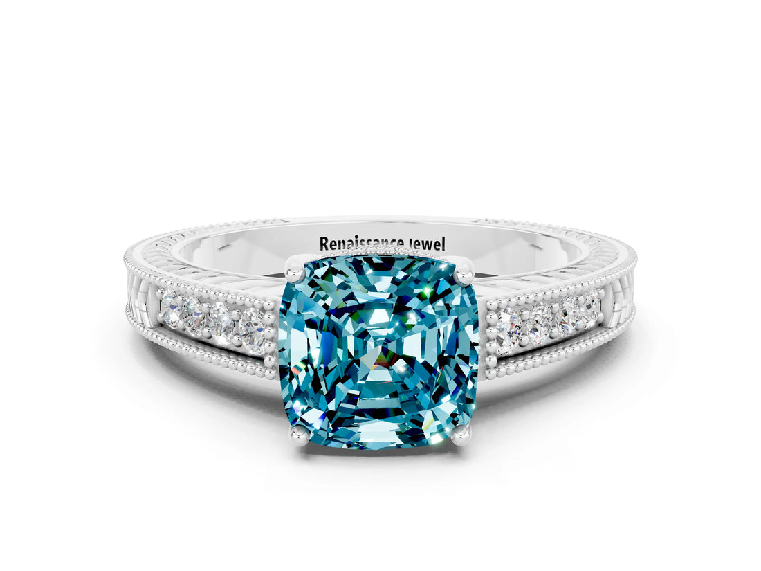 White gold Cushion Cut Blue Topaz Ring with Milgrain Pavé Band and Four-Prong Setting_12