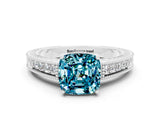 White gold Cushion Cut Blue Topaz Ring with Milgrain Pavé Band and Four-Prong Setting_12