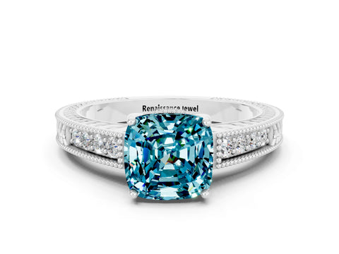 White gold Cushion Cut Blue Topaz Ring with Milgrain Pavé Band and Four-Prong Setting_12