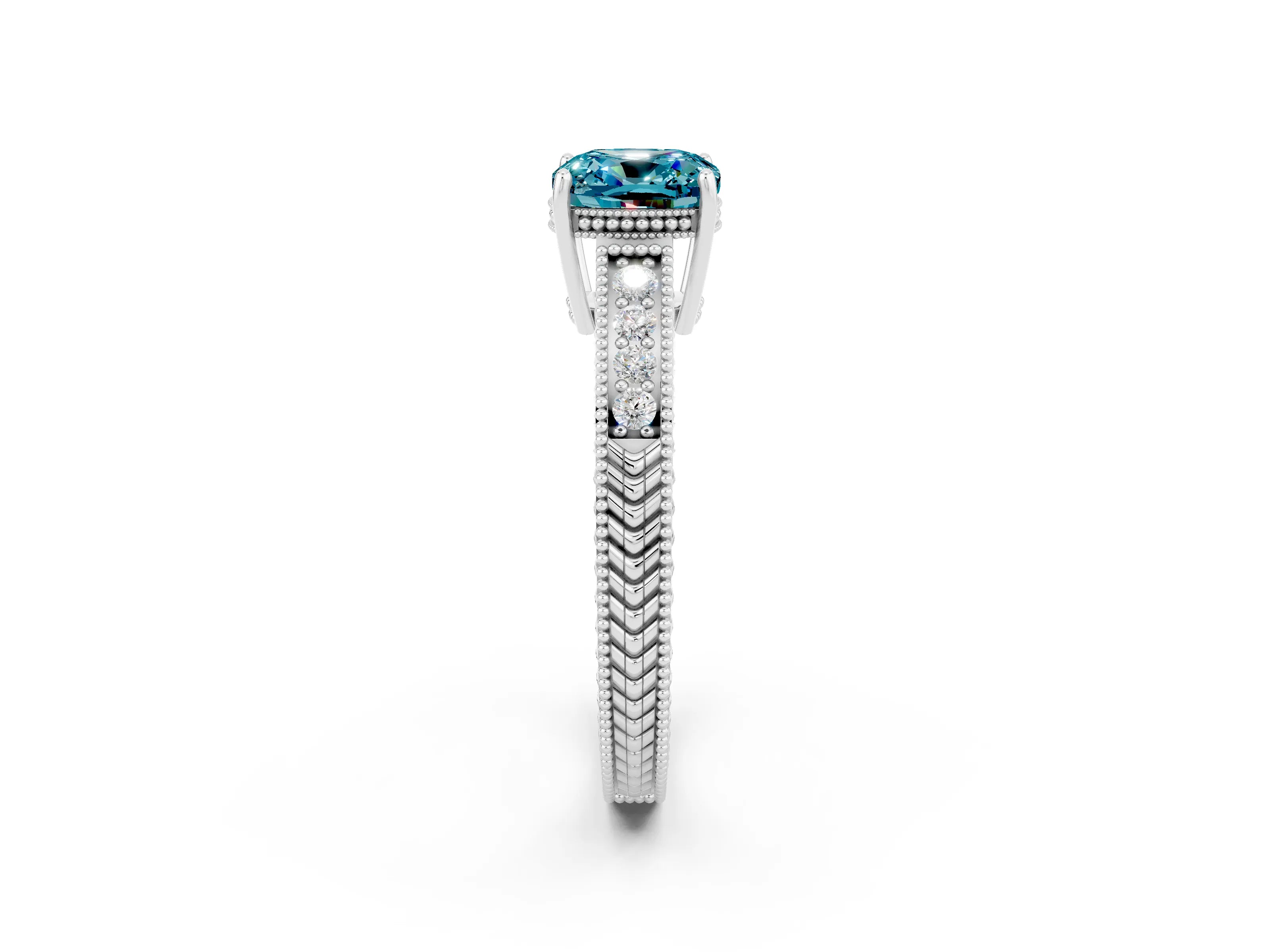 White gold Cushion Cut Blue Topaz Ring with Milgrain Pavé Band and Four-Prong Setting_14