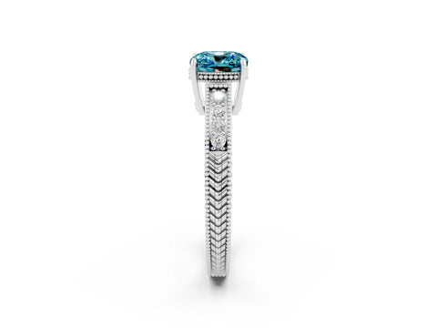 White gold Cushion Cut Blue Topaz Ring with Milgrain Pavé Band and Four-Prong Setting_14