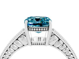 White gold Cushion Cut Blue Topaz Ring with Milgrain Pavé Band and Four-Prong Setting_16