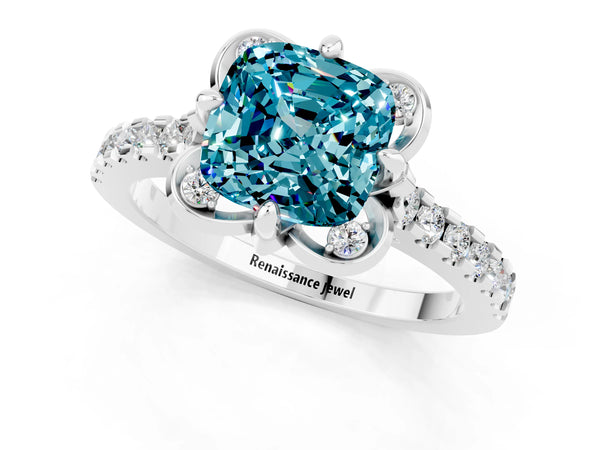 White gold Cushion Cut Blue Topaz Ring with Pavé Band and Floral Prong Setting