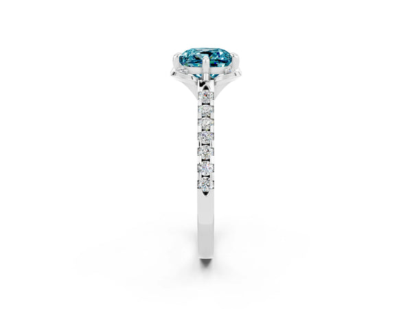 Platinum Cushion Cut Blue Topaz Ring with Pavé Band and Floral Prong Setting