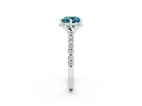 White gold Cushion Cut Blue Topaz Ring with Pavé Band and Floral Prong Setting_2