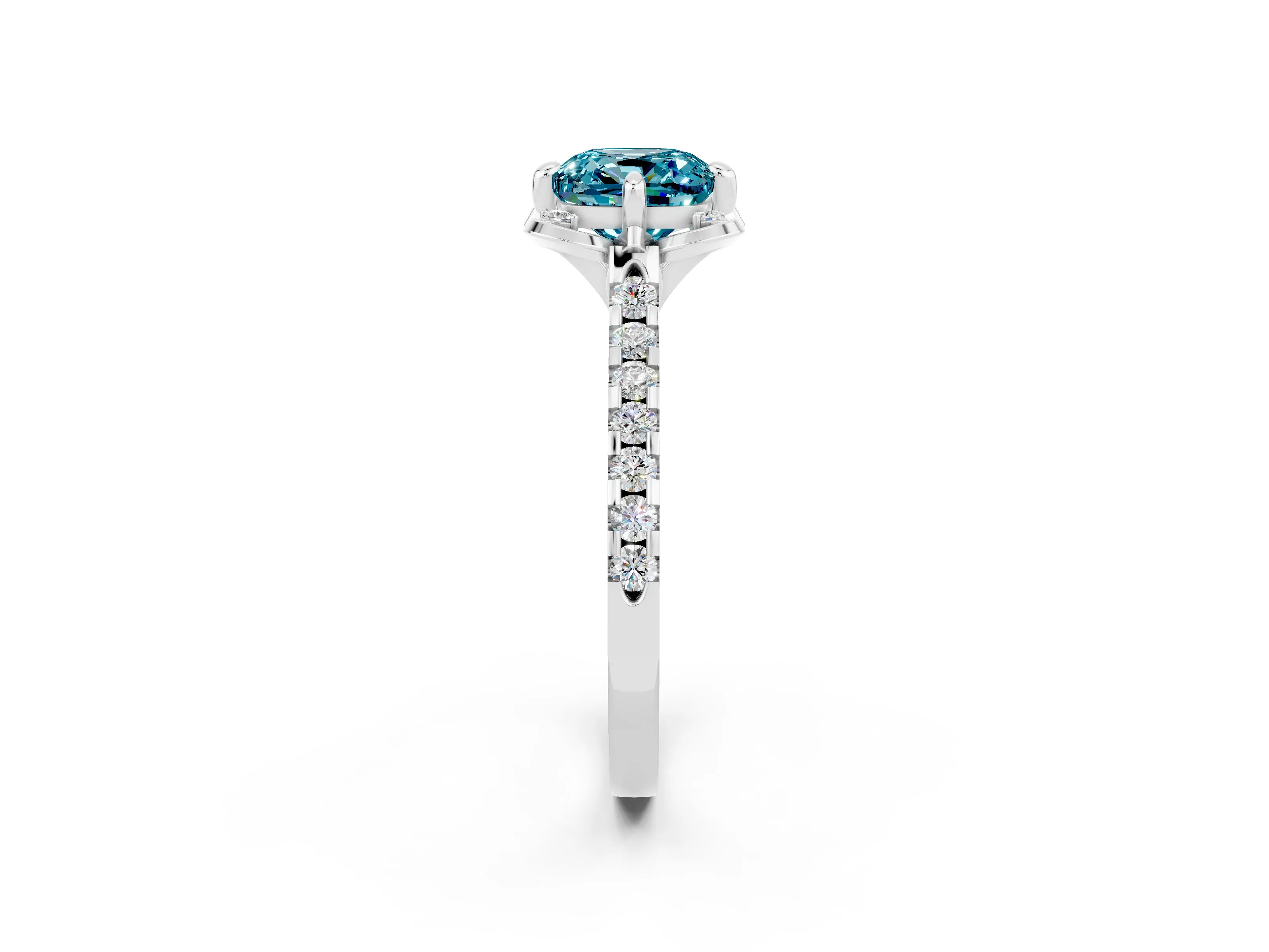 White gold Cushion Cut Blue Topaz Ring with Pavé Band and Floral Prong Setting_2