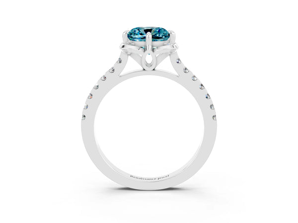 White gold Cushion Cut Blue Topaz Ring with Pavé Band and Floral Prong Setting