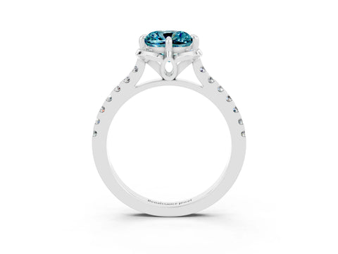 White gold Cushion Cut Blue Topaz Ring with Pavé Band and Floral Prong Setting_3