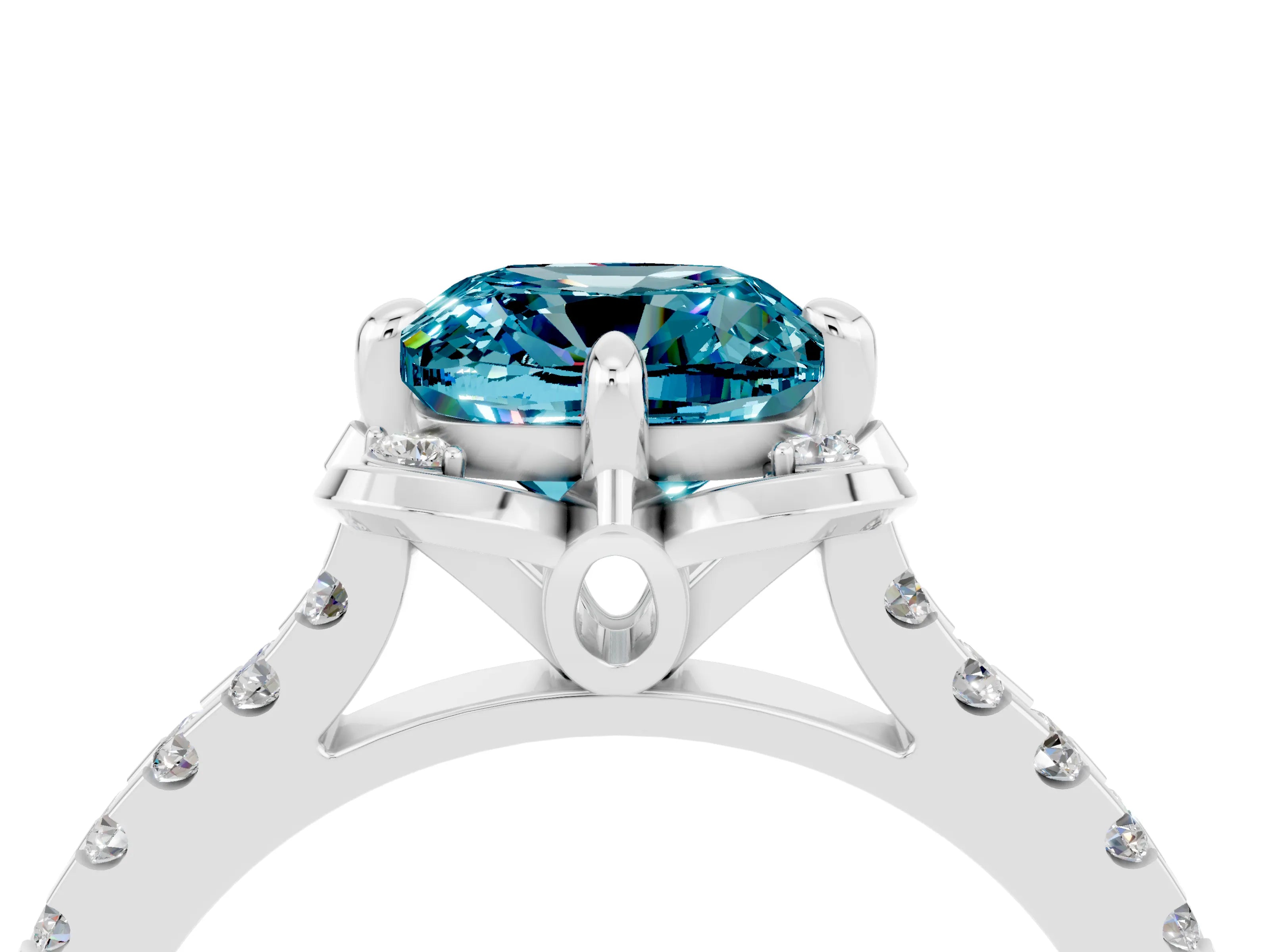 White gold Cushion Cut Blue Topaz Ring with Pavé Band and Floral Prong Setting_4